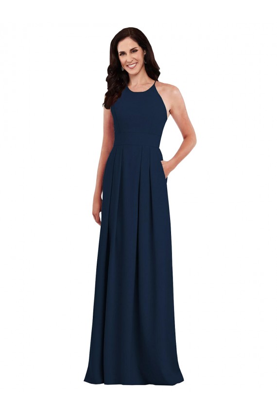 Dark Navy Halter Neck Sleeveless Open Back Trumpet Semi Formal Evening Dress