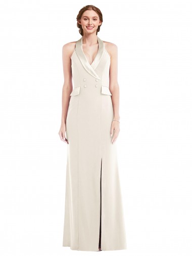 Cheapest Ivory Halter Neck Sleeveless Low Back Trumpet Semi Formal Evening Dress