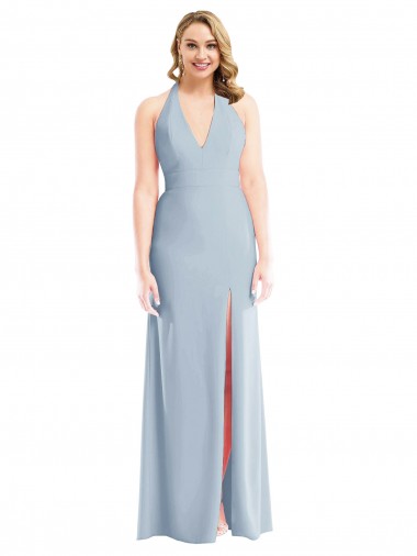 Cheapest Light Sky Blue Halter Neck Sleeveless Open Back Trumpet Evening Dress