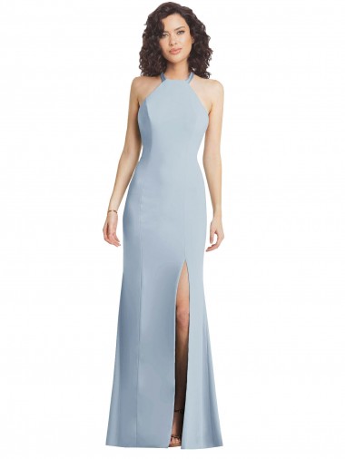 Cheapest Light Sky Blue High Neck Sleeveless Open Back Trumpet Formal Evening Dress