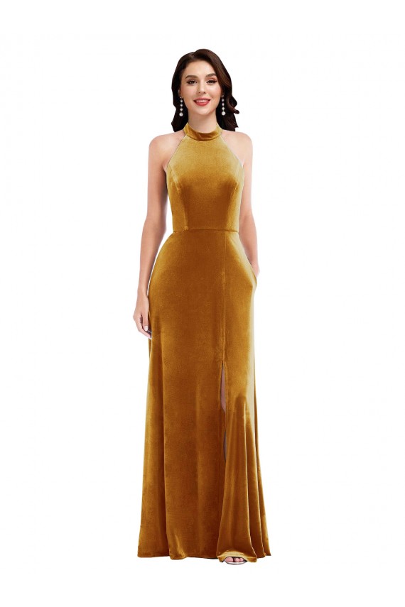 Gold High Neck Sleeveless Keyhole Back Trumpet Semi Formal Evening Dress