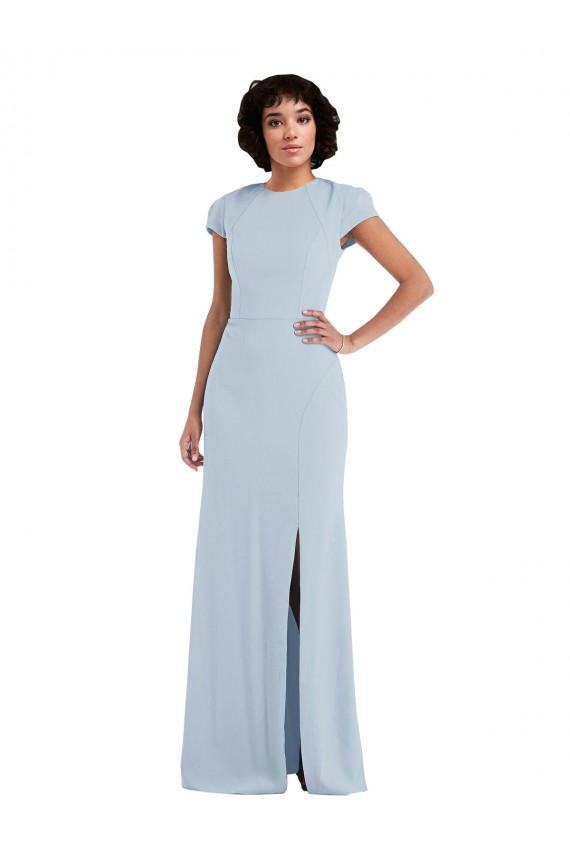 Light Sky Blue Jewel Neck Cap Sleeves Keyhole Back Trumpet Semi Formal Evening Dress