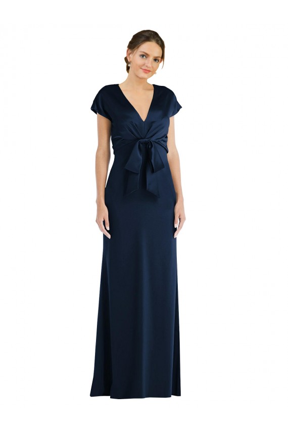 Dark Navy Off the Shoulder Cap Sleeves Keyhole Back Trumpet Formal Evening Dress